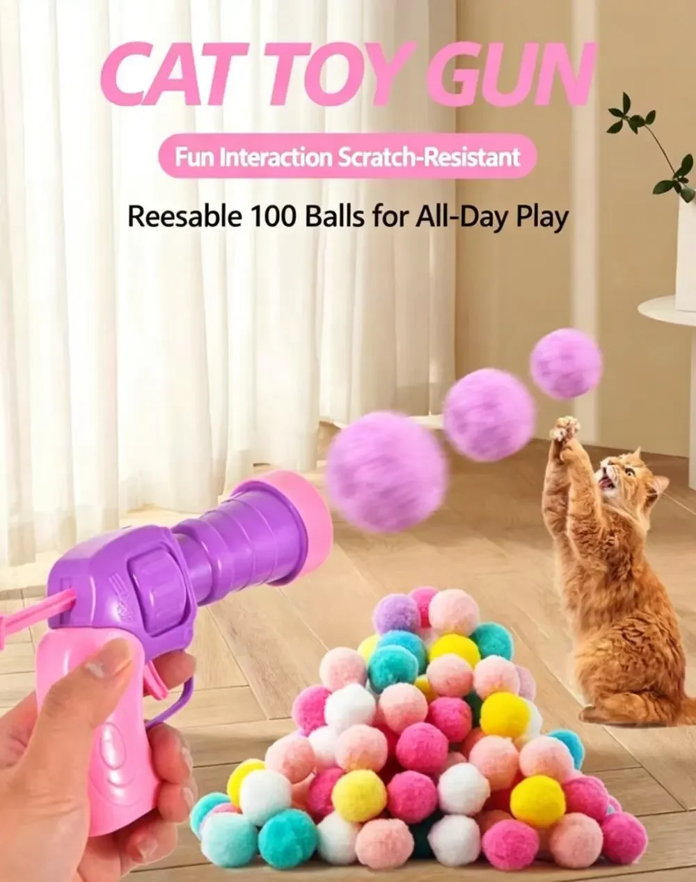 Cat Fetch Toy Gun with 100 Pom-Pom Balls, Cat Self-Play Toy for Indoor Cats